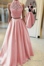 Long Two Piece Formal Prom Dress Lace High Neck Open Back