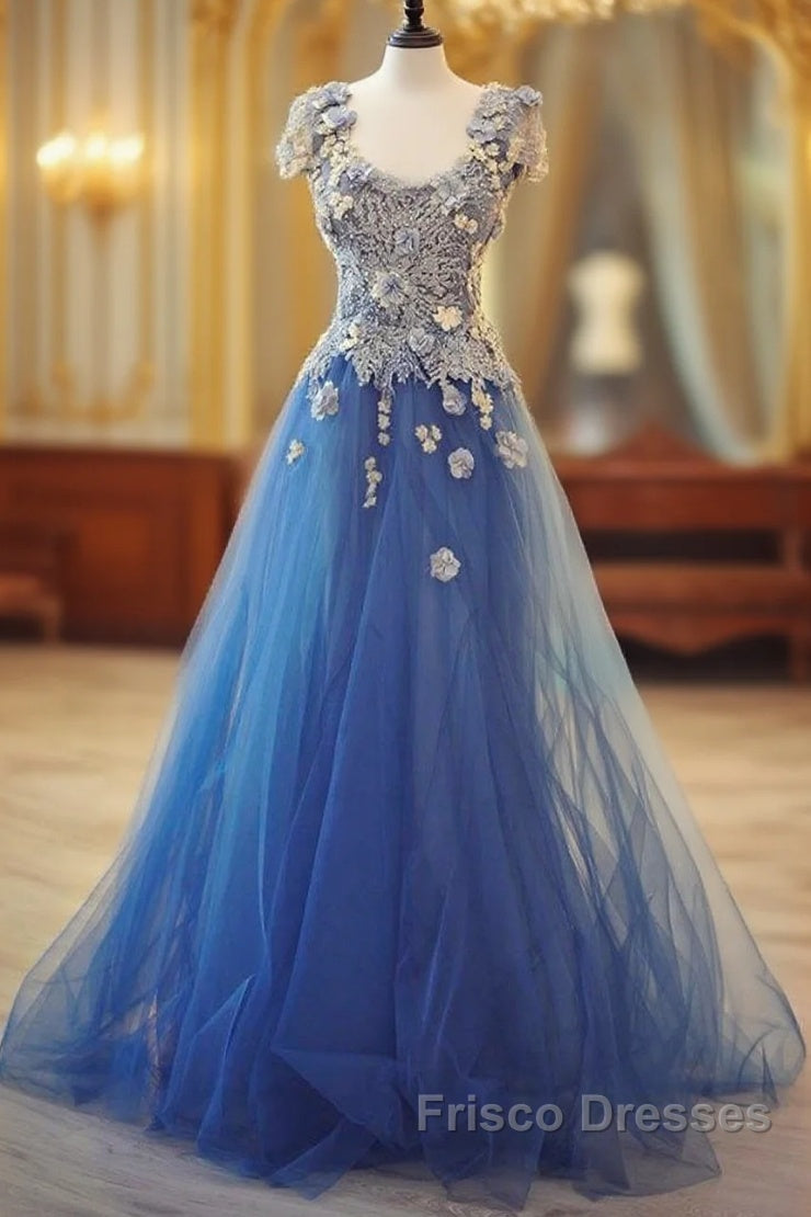 Long Unique Lace Applique Tulle Blue Formal Prom Dress Main image