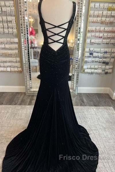 Long Velvet Black Formal Prom Dress Straps Crystals V Neck Formal Dress Gowns Secondary image