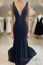 Long Velvet Black Formal Prom Dress Straps Crystals V Neck Formal Dress Gowns