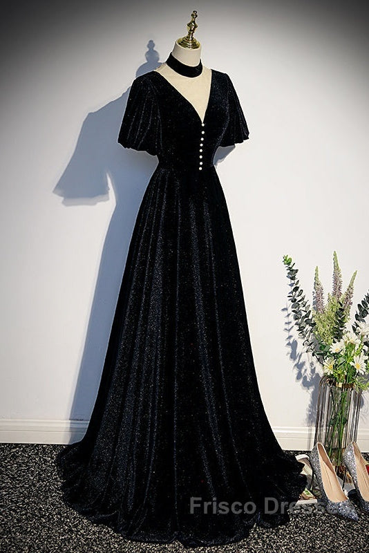 Long Velvet V-Neckline Floor Length Formal Prom Dress, Black Evening Wedding Party Dress Secondary image