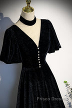 Long Velvet V-Neckline Floor Length Formal Prom Dress, Black Evening Wedding Party Dress