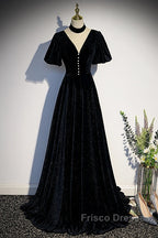 Long Velvet V-Neckline Floor Length Formal Prom Dress, Black Evening Wedding Party Dress