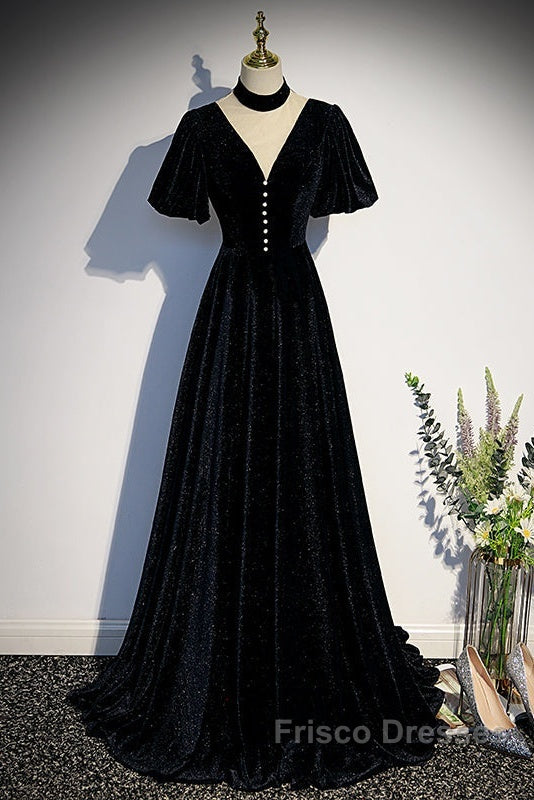 Long Velvet V-Neckline Floor Length Formal Prom Dress, Black Evening Wedding Party Dress