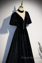Long Velvet V-Neckline Floor Length Formal Prom Dress, Black Evening Wedding Party Dress