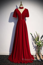 Long Velvet V-Neckline Floor Length Formal Prom Dress, Black Evening Wedding Party Dress
