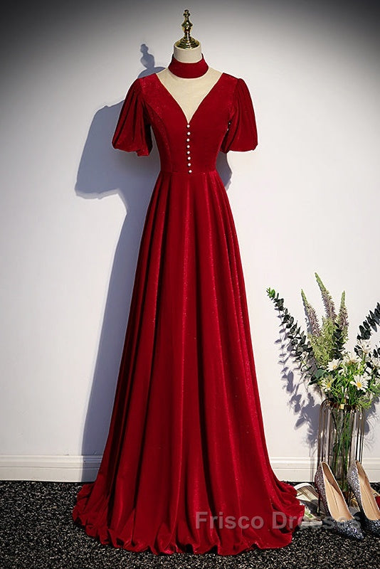 Long Velvet V-Neckline Floor Length Formal Prom Dress, Black Evening Wedding Party Dress