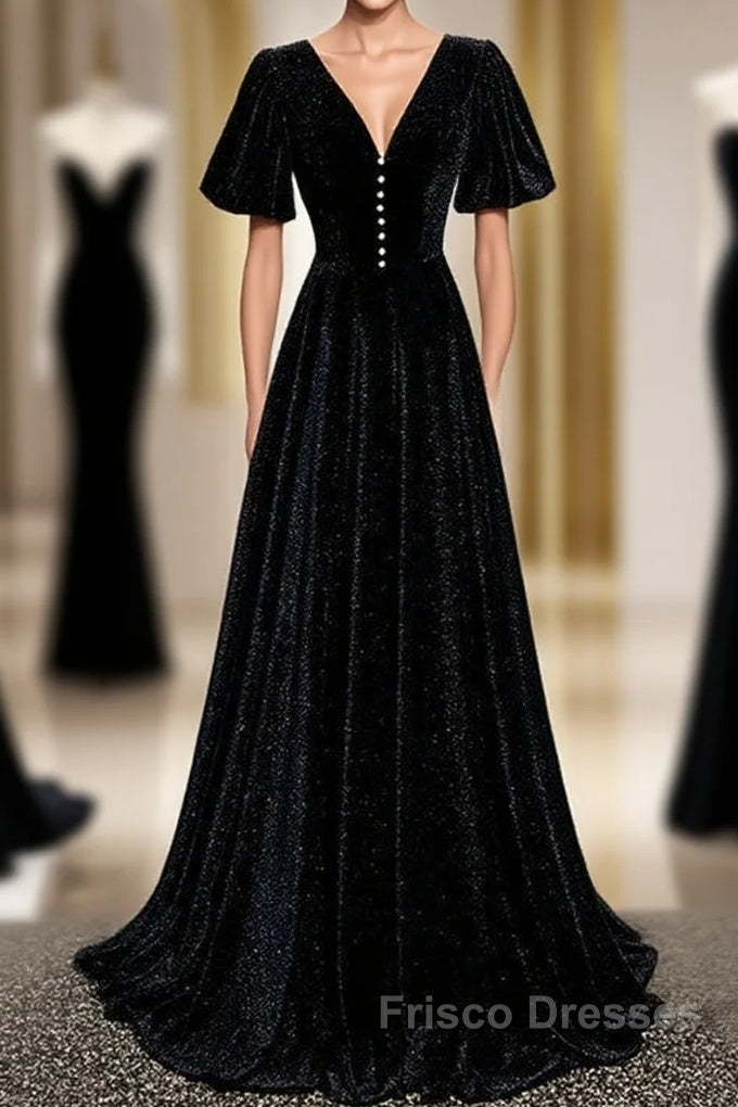 Long Velvet V-Neckline Floor Length Formal Prom Dress, Black Evening Wedding Party Dress Main image