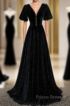 Long Velvet V-Neckline Floor Length Formal Prom Dress, Black Evening Wedding Party Dress