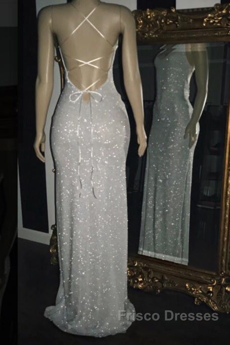 Long White Sequin Formal Prom Dress Cross Back Halter Evening Gown Secondary image
