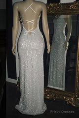 Long White Sequin Prom Dresses Cross Back Halter Evening Gown