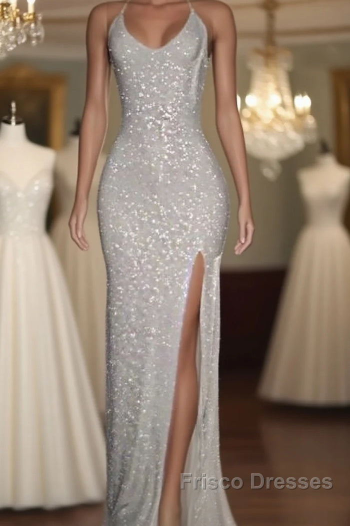 Long White Sequin Formal Prom Dress Cross Back Halter Evening Gown