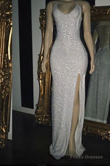 Long White Sequin Prom Dresses Cross Back Halter Evening Gown