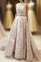 Gorgeous Round Neck Sleeveless Lace Formal Prom Dress Sweep Train with Appliques