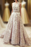 Gorgeous Round Neck Sleeveless Lace Formal Prom Dress Sweep Train with Appliques