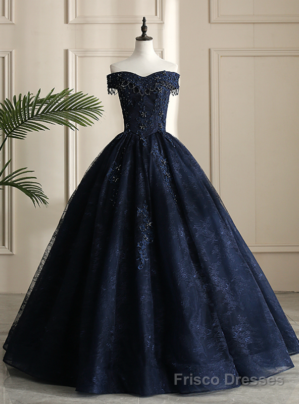 Looking For Cute And Stylish Navy Blue Ball Gown Tulle Lace Off the Shoulder Beading Quinceanera Dress Main image