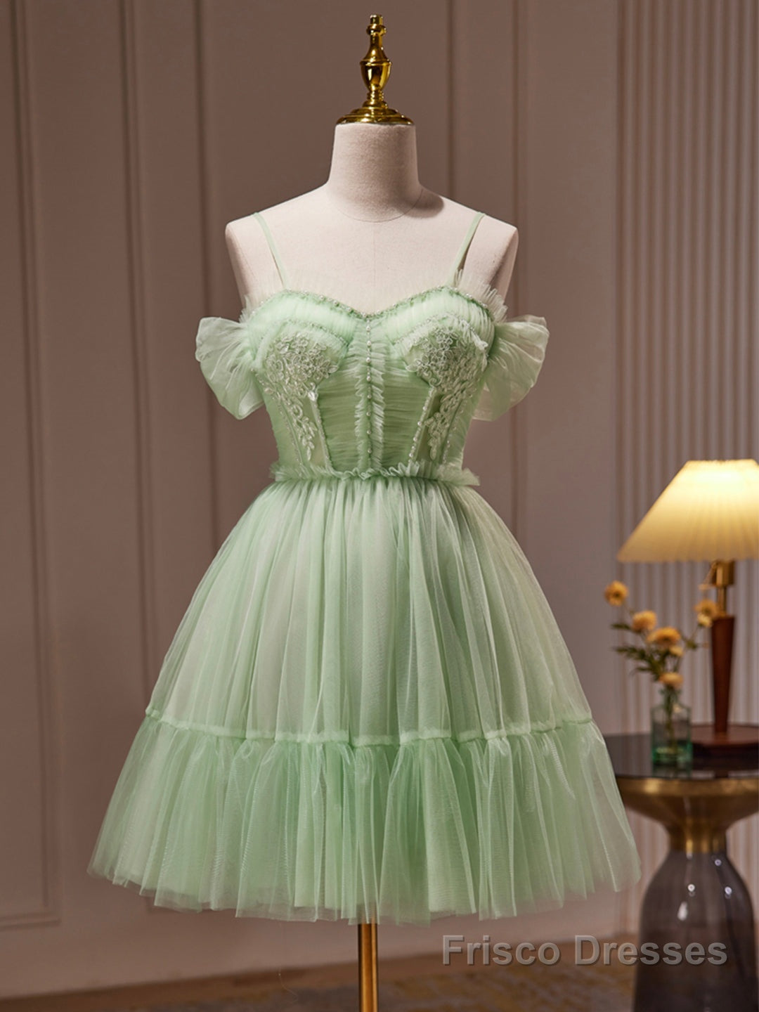 Green Tulle Lace Short Prom Dress, Cute Homecoming Dress, Green Party Dress Main image