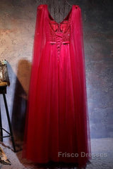 Love Pearl Beaded V Neck Long Burgundy Evening Dress