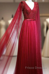 Love Pearl Beaded V Neck Long Burgundy Evening Dress