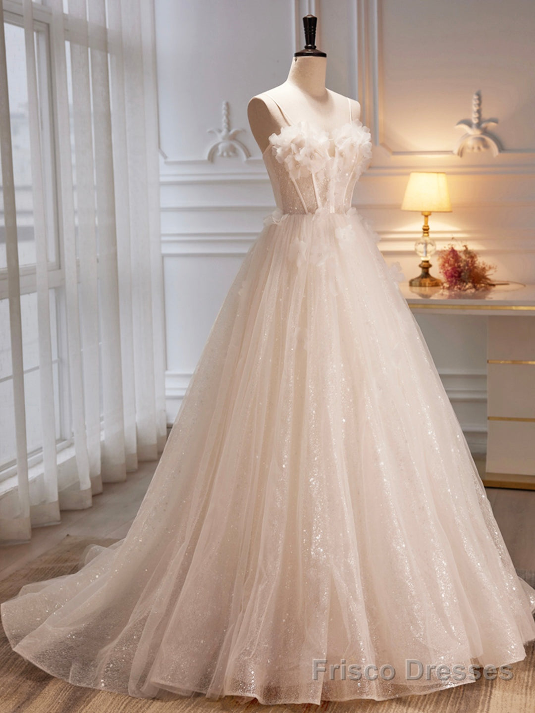 Spaghetti Strap Tulle Champagne Long Prom Dress, Champagne Evening Party Dress Secondary image