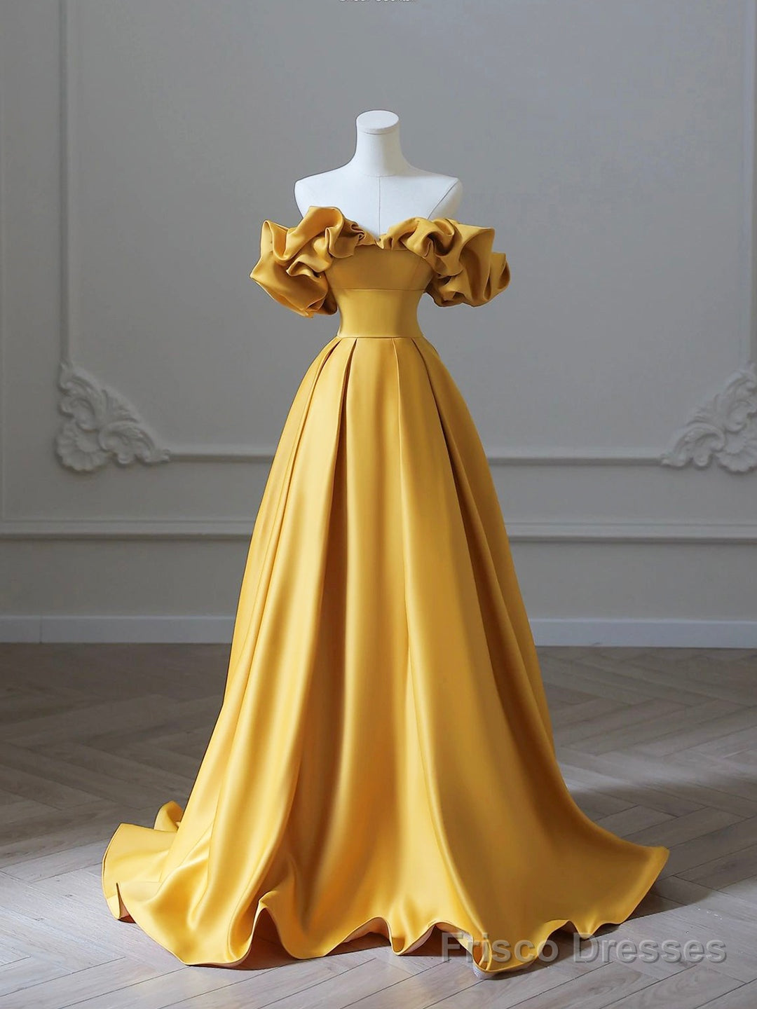 Yellow Satin Long Prom Dress, Off Shoulder A-Line Evening Dress Main image