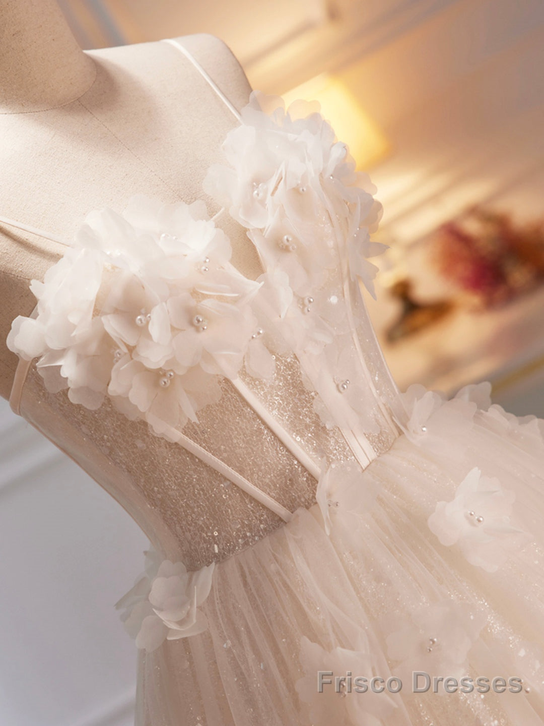 Spaghetti Strap Tulle Champagne Long Prom Dress, Champagne Evening Party Dress