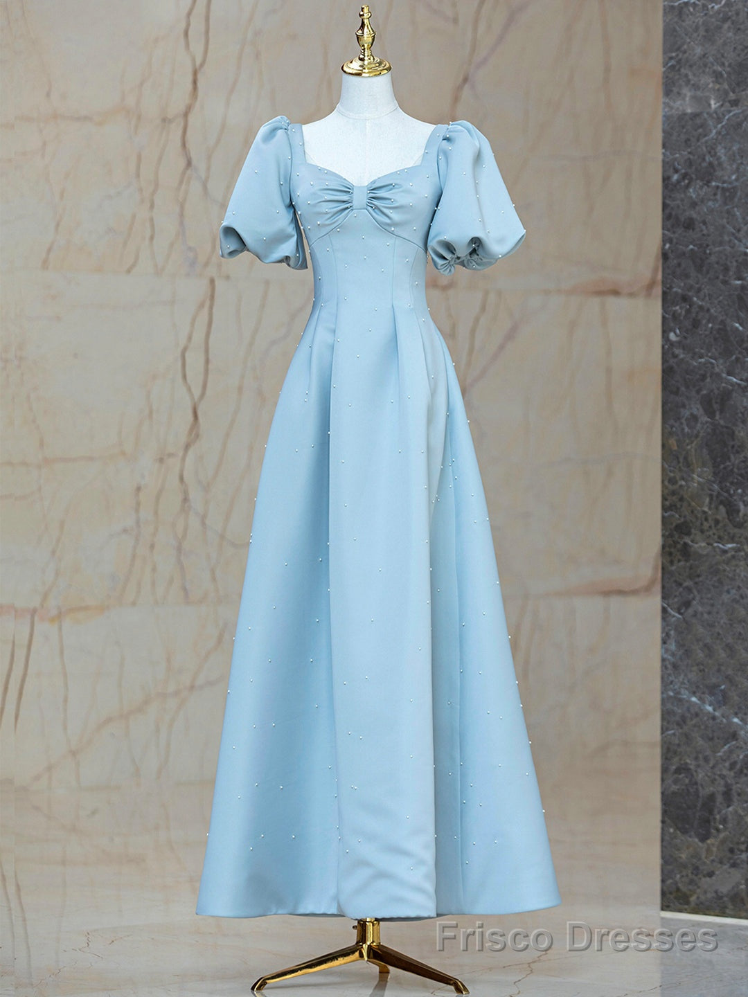 Blue Satin Pearl Long Prom Dress, A-Line Blue Evening Party Dress Main image