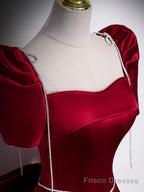 Beautiful Satin Floor Length Prom Dress with Bowknot, Burgundy Short Sleeve Evening Dress