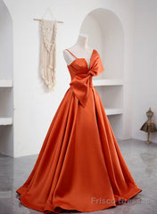 Spaghetti Straps Orange Satin Prom Formal Dress, A-Line Floor Length Evening Dress