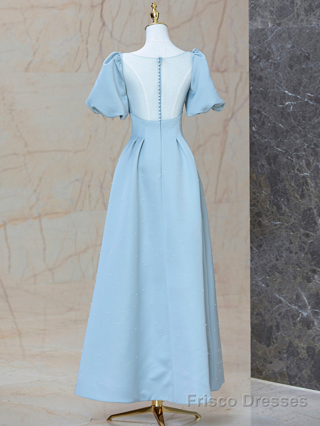 Blue Satin Pearl Long Prom Dress, A-Line Blue Evening Party Dress Secondary image