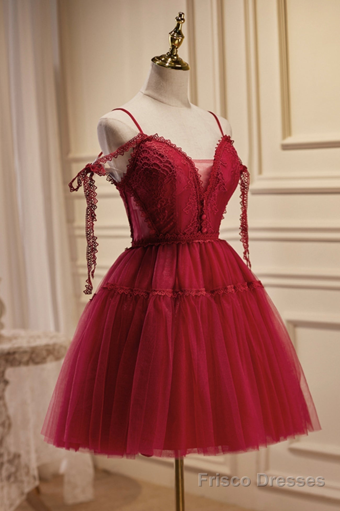 Burgundy Lace Short A-line Prom Dress, Cute Spaghetti Strap Party Dress Secondary image