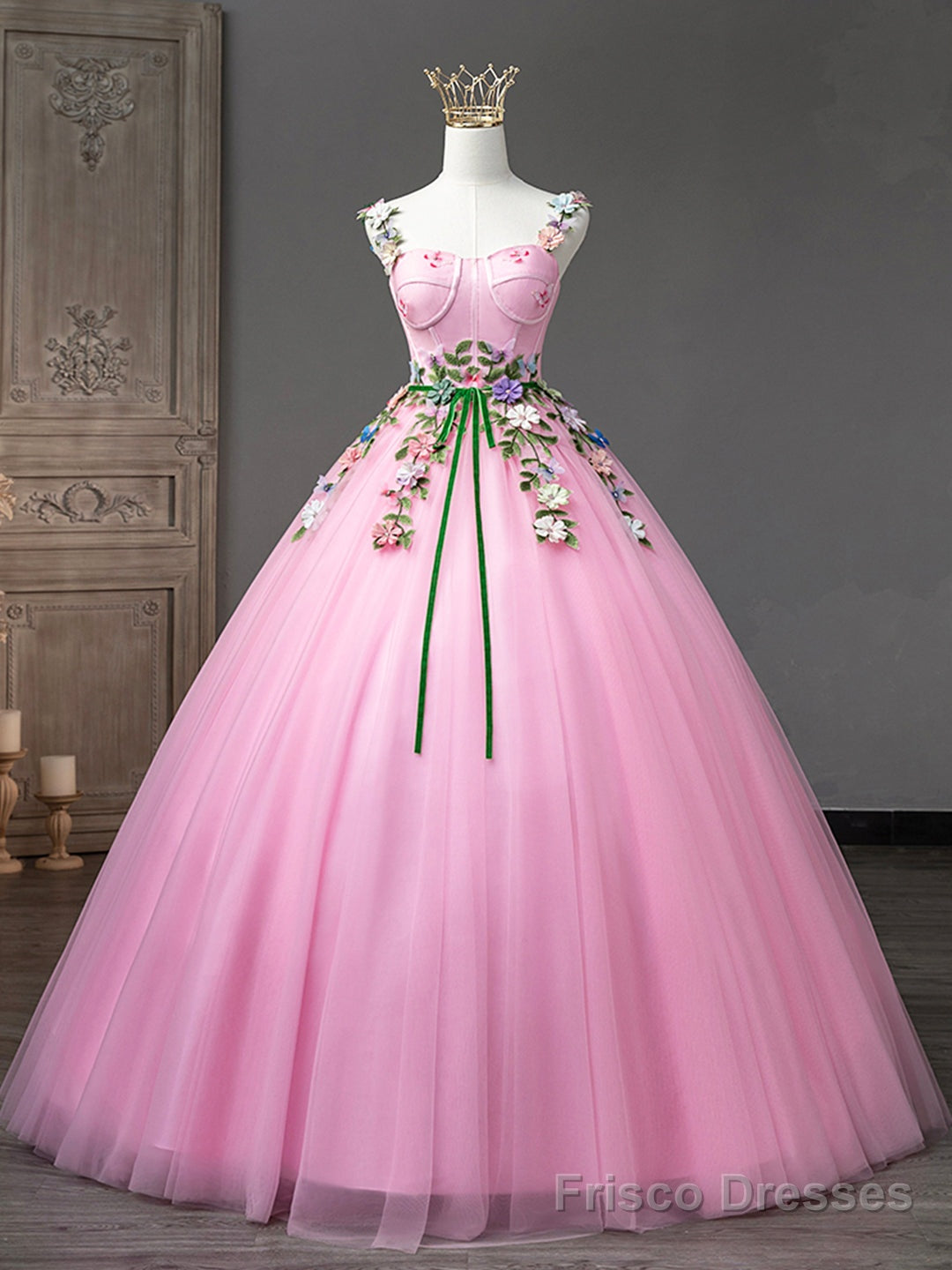 Pink Tulle Flower Long Prom Dresses, Lovely Spaghetti Formal Dresses S Frisco Dresses Pink Tulle Flower Long Prom Dresses, Lovely Spaghetti Formal Dresses S Frisco Dresses