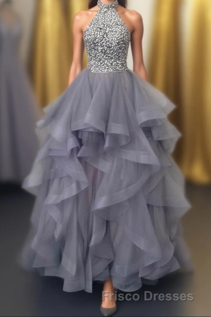 Grey Tulle Long Formal Prom Dress, A-Line Evening Dress Main image