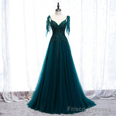 Lovely A-line Straps Tulle Teal Blue Long Evening Dress Prom Dress, A-line Formal Dresses