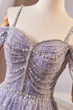 Lovely A-Line Tulle Sequins Floor Length Formal Prom Dress, Off The Shoulder Evening Party Dress
