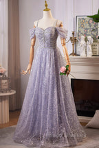 Lovely A-Line Tulle Sequins Floor Length Formal Prom Dress, Off The Shoulder Evening Party Dress