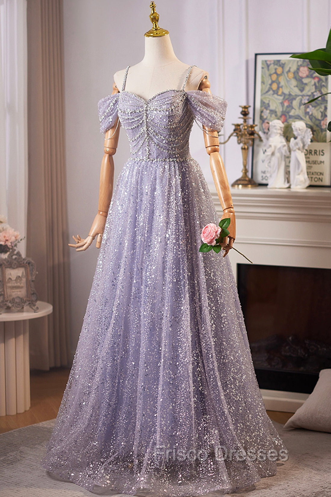Lovely A-Line Tulle Sequins Floor Length Formal Prom Dress, Off The Shoulder Evening Party Dress
