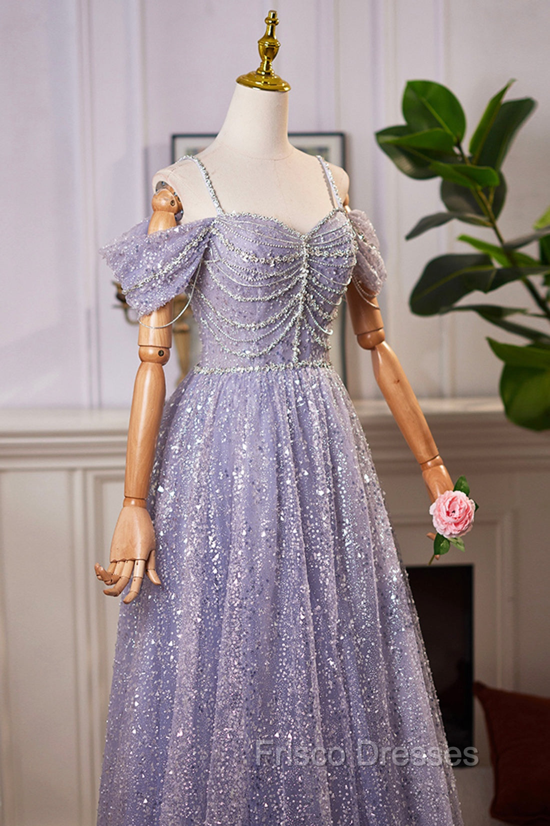 Lovely A-Line Tulle Sequins Floor Length Formal Prom Dress, Off The Shoulder Evening Party Dress