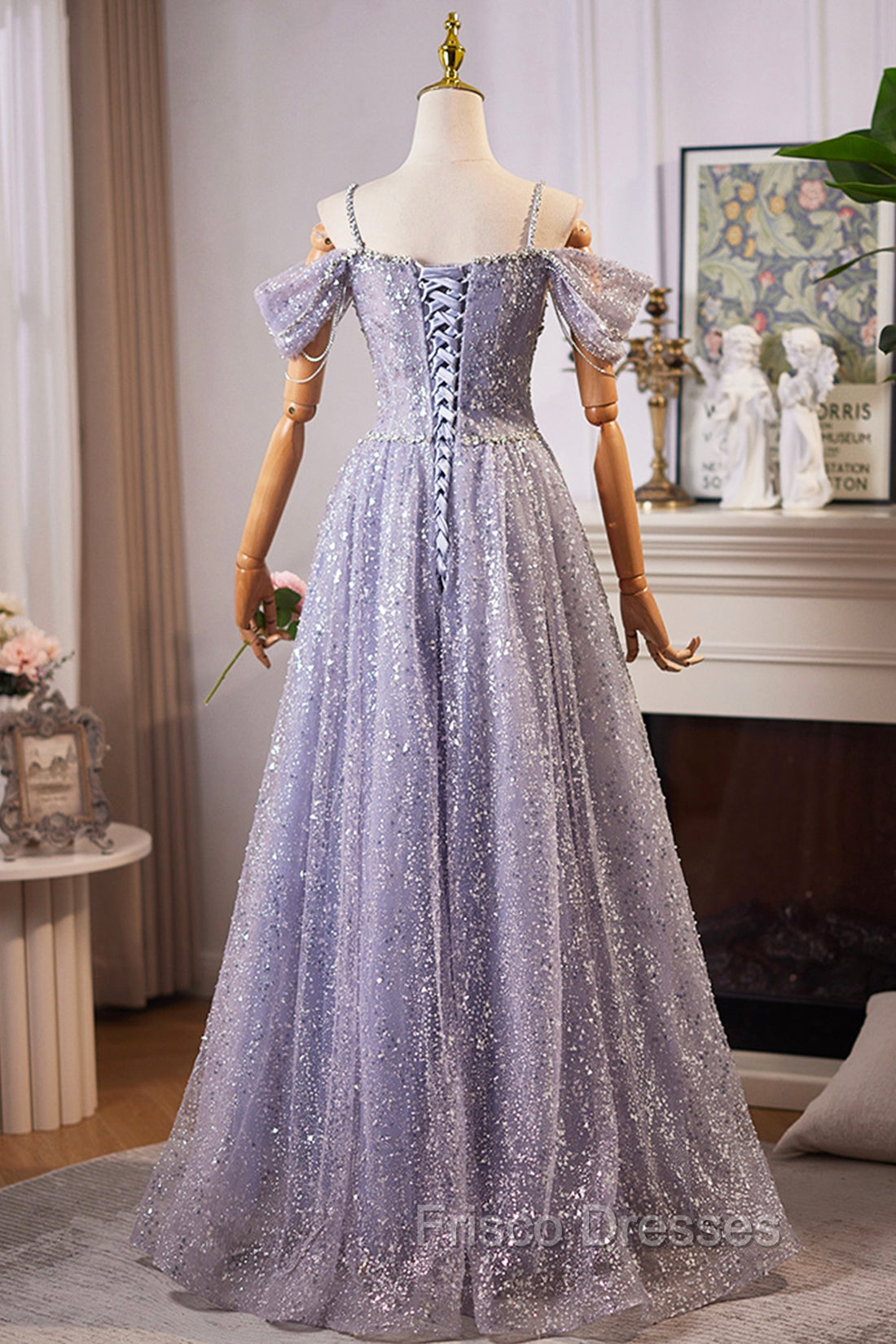 Lovely A-Line Tulle Sequins Floor Length Formal Prom Dress, Off The Shoulder Evening Party Dress