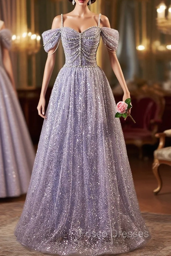Lovely A-Line Tulle Sequins Floor Length Formal Prom Dress, Off The Shoulder Evening Party Dress Main image