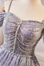 Lovely A-Line Tulle Sequins Knee Length Formal Prom Dress, Off The Shoulder Evening Party Dress