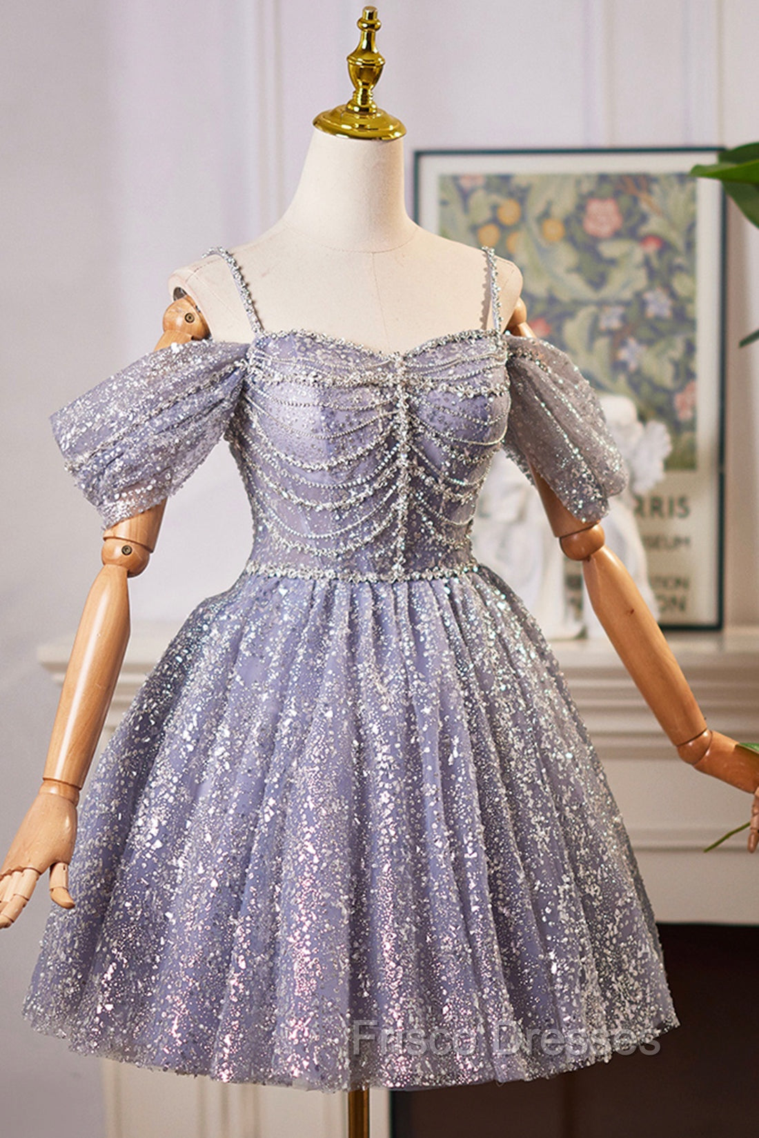 Lovely A-Line Tulle Sequins Knee Length Formal Prom Dress, Off The Shoulder Evening Party Dress