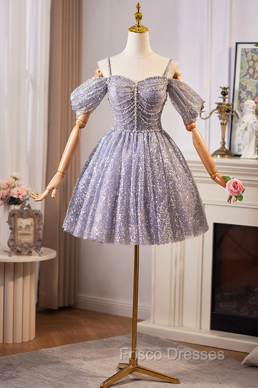 Lovely A-Line Tulle Sequins Knee Length Formal Prom Dress, Off The Shoulder Evening Party Dress