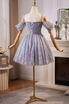 Lovely A-Line Tulle Sequins Knee Length Formal Prom Dress, Off The Shoulder Evening Party Dress