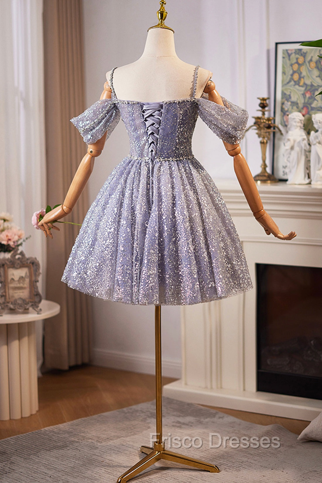 Lovely A-Line Tulle Sequins Knee Length Formal Prom Dress, Off The Shoulder Evening Party Dress