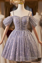 Lovely A-Line Tulle Sequins Knee Length Formal Prom Dress, Off The Shoulder Evening Party Dress