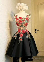 Lovely Black High Low Homecoming Dress With Floral Lace, Party Dress
