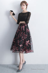 Lovely Black Lace Short Sleeves Floral Tulle Party Dress, Black Party Dress Prom Dress