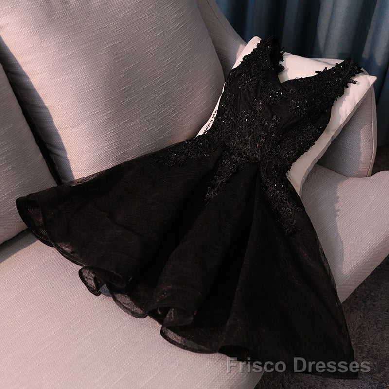 Lovely Black Lace V-neckline Short Homecoming Dress, Black Party Dress Main image
