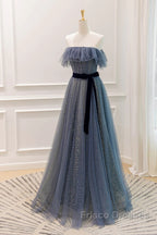 Lovely Blue A-Line Shiny Tulle Sweetheart Party Dress, Blue Long Formal Dress Formal Prom Dress